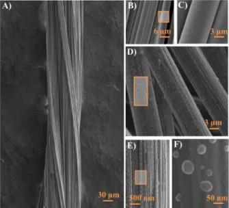Figure 4 - (a) Pristine FCF agglomerates. (b) and (c) show the  pristine FCFs at higher magnifications, (d–f ) clearly showing  the nitrated carbon nanoblisters (NCNBs) formed with an  average size of 50 nm after the acid treatment