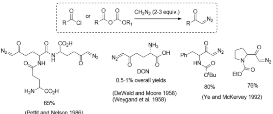 Figure 3 - Synthesis of terminal α-diazocarbonyl compounds by acylation of diazomethane  and some representative examples.