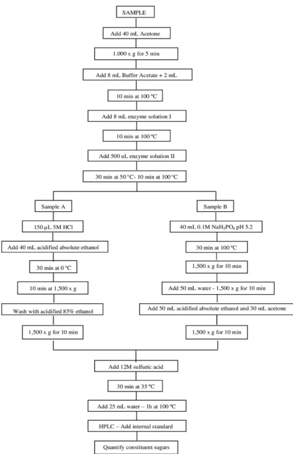 Figure 1 - Flow chart illustrating the common hydrolysis steps and specific treatments for quantification of  NSP monosaccharide constituents