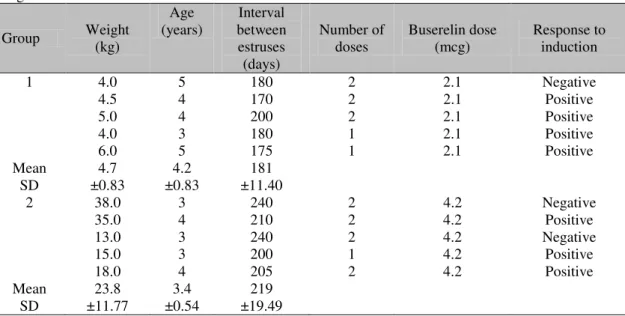 Table  1.  Number of administrations of buserelin and response  to estrous induction in anestrous  female  dogs  Group  Weight  (kg)  Age  (years)  Interval  between estruses  (days)  Number of 