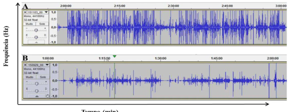 Figura 2. Espectrogramas específicos gerados a partir dos sons das atividades de pastejo (A) e ócio (B)