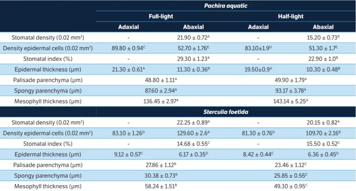 Table 2. Anatomical attributes in the leaves of young plants from Pachira Aquatica and Sterculia foetida under different light availability (full- (full-light and half-(full-light of irradiance) after 365 days of exposure (phase II)