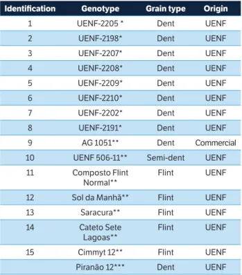 Table 1. Description of the 8 topcross hybrids, 7 controls and of the  tester used in the experiments concerning grain type and origin