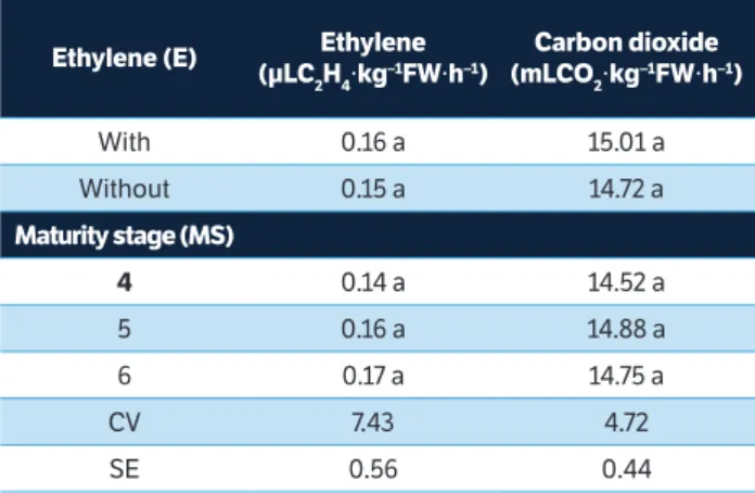 Table 4. Effects of ethylene treatment on ethylene and carbon dioxide  production rates at three maturity stages of vapour heat treated 