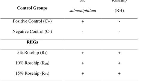 Table 1.   Experimental design.  Rosehip experimental groups (REGs) and control groups (C+, C-).