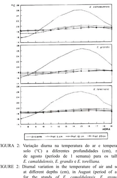 FIGURA  2:  Variação  diurna  na  temperatura  do  ar  e  temperatura  do  solo (°C) a diferentes profundidades (cm), no mês  de agosto (período de 1 semana) para os talhões de  E
