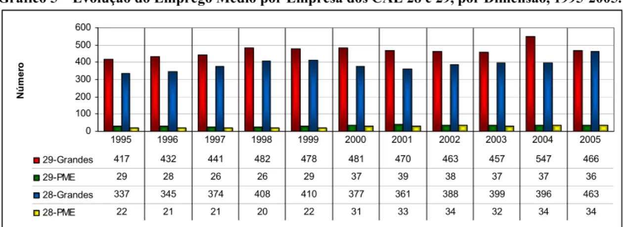 Gráfico 5 – Evolução do Emprego Médio por Empresa dos CAE 28 e 29, por Dimensão, 1995-2005