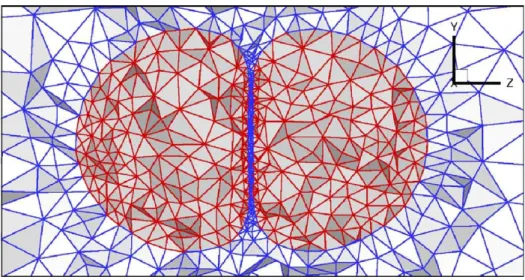 Figure 2.2: An example of the mesh adaptation in the MMIT method in the simulation of the merging of two droplets (QUAN; LOU; SCHMIDT, 2009).