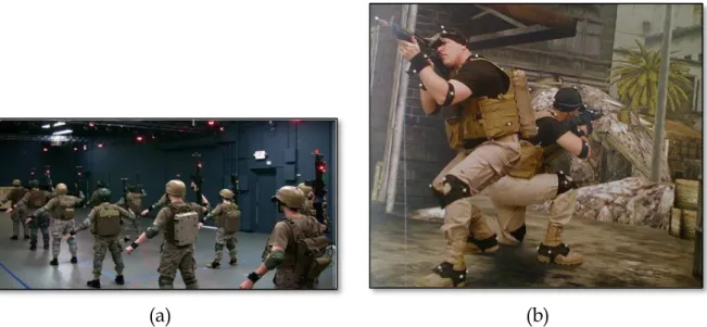 Figura 2.6 – Exemplos de aplicação de sistemas de mocap em treinamentos militares. (a) Treinamento  de soldados dos EUA (Society, 2011)