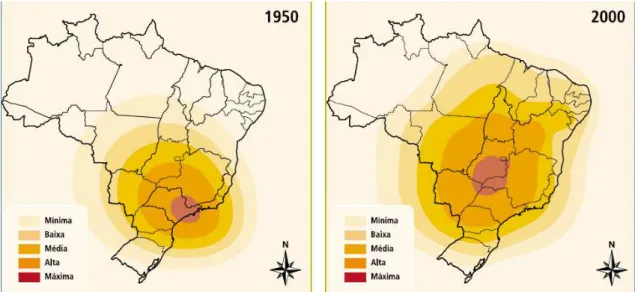 Figura 1 – concentração das usinas hidrelétricas no Brasil nos anos de 1950 e 2000. Fonte Atlas de  Energia Elétrica do Brasil