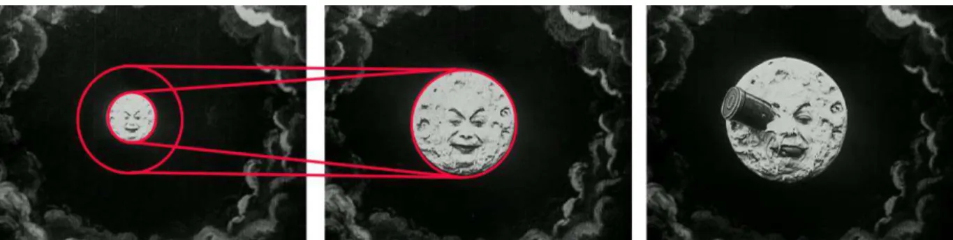 Figura 2 – Técnicas de Méliès: fotogramas sequenciais de Le Voyage dans la Lune, detalhando o zoom simulado com a  aproximação da câmera em tomadas seguidas e o corte após o pouso