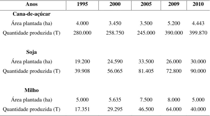 Tabela  5:  Município  de  Tupaciguara:  Área  plantada  (hectares)  e  Quantidade  produzida  (toneladas) – cana-de-açúcar, soja e milho (1995-2010)