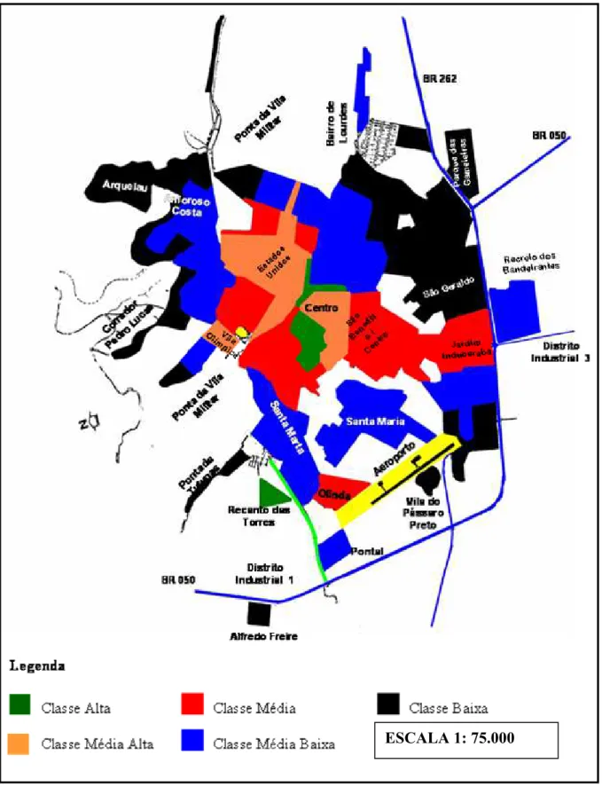 FIGURA 3: Mapa da Distribuição espacial da renda da população uberabense no início de  1980