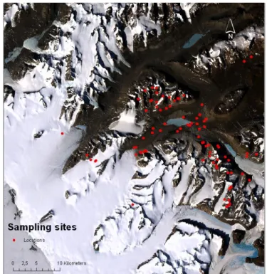Figure  6.Location  of  the  86  sampling  sites  from  which  soil  samples were collected in the K020 Antarctic field campaign.