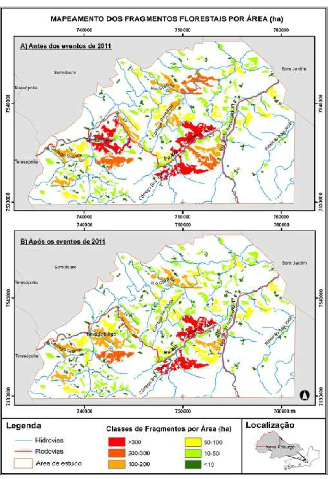 FIGURA 2: Mapeamento dos fragmentos florestais atingidos pelas chuvas de 2011, Nova Friburgo - RJ