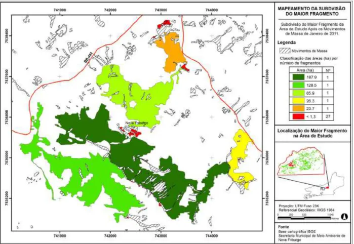 FIGURA 3: Mapeamento da fragmentação do maior remanescente florestal situado na área atingida pelas  chuvas de 2011, Nova Friburgo - RJ.