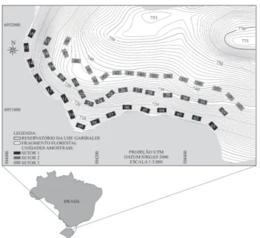 FIGURA 1:  Localização das unidades amostrais no fragmento avaliado em São José do Cerrito-SC, com   demonstração da topografia do terreno.