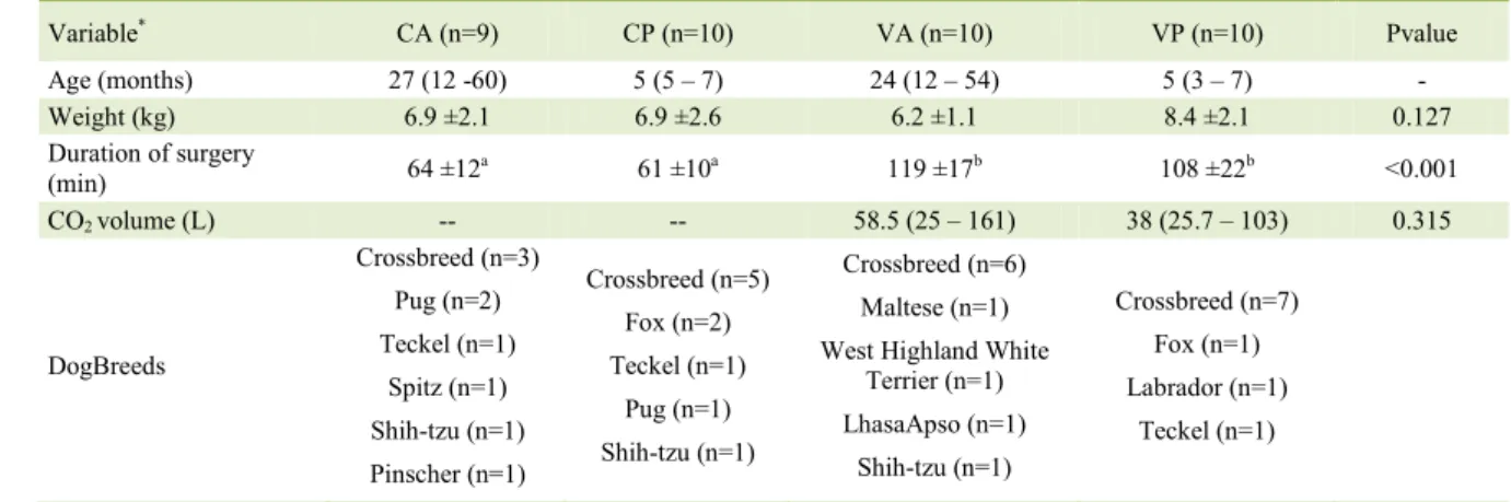 Table 1 -  Demographic data of the 39 bitches included in the study distributed in the CA (Conventional Adult), CP (Conventional  Pediatric), VA (Videolaparoscopic Adult),and VP (Videolaparoscopic Pediatric) groups