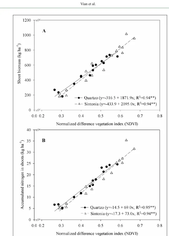 Figure 1 - Relationship between the Normalized difference vegetation index (NDVI) and the  amounts of shoot biomass (A) and accumulated nitrogen in shoots (B) for two wheat  cultivars at the stage of six fully expanded leaves