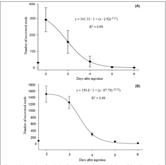 Figure 1 - Mean numbers of weedy rice (Oryza sativa L.) (A) and barnyardgrass (Echinochloa crus-galli  L.) (B) seeds recovered in cattle feces as a function of time (days) after ingestion