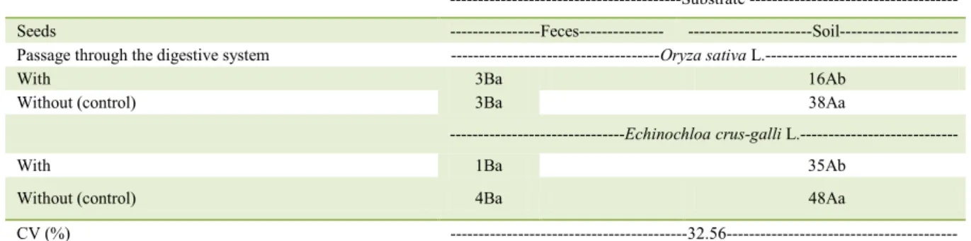 Table 1 -  Weedy rice (Oryza sativa L.)  and barnyardgrass (Echinochloa  crus-galli  L.) emergence (%), in different substrates, with  (recovered from cattle) and without (control) passage through the digestive system of cattle