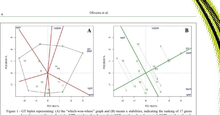 Figure 1 - GT biplot representing: (A) the “which-won-where” graph and (B) means x stabilities, indicating the ranking of 17 green  bean lines according to the traits