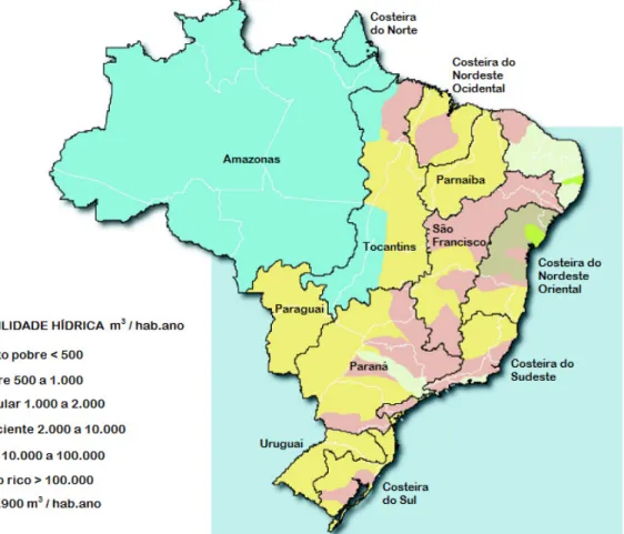 Figura  2.1  –  Regiões  hidrográficas  brasileiras  e  disponibilidade  hídrica.  Adaptado  de  ANA  (2002)