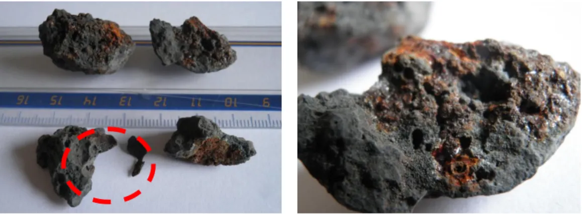 Figura 12 - Aspeto das escórias com presença de oxidação/corrosão e pedaços de ferro 