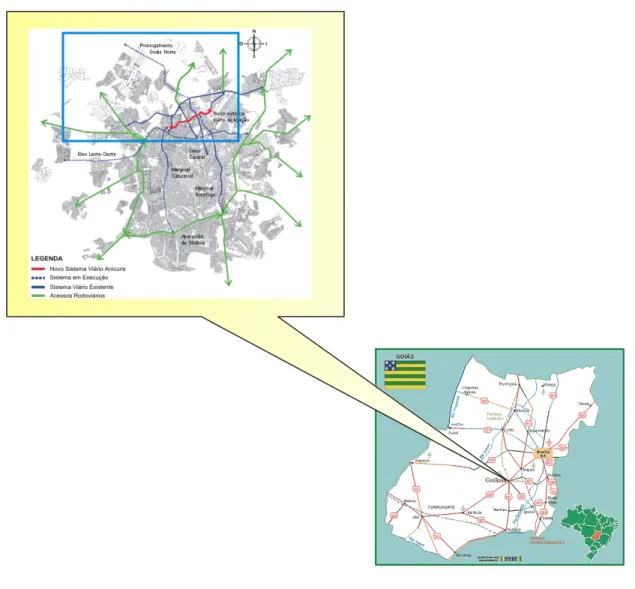 Figura 1.3  Localização e Estrutura Urbana de Goiânia com sistema viário e com a área da  região em estudo em destaque 