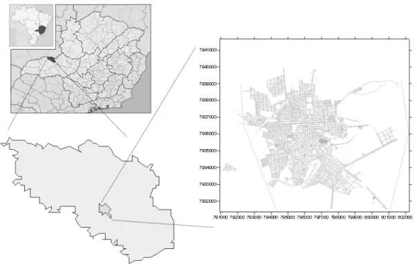 Figura 14 – Mapa de situação do município de Araguari em Minas Gerais, com destaque para a localização  da zona urbana estudada