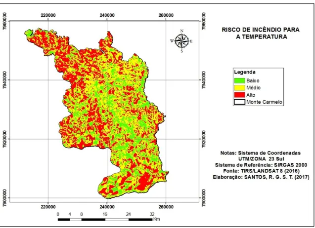 Tabela 5 - Porcentagem das áreas em relação ao risco de incêndio para a temperatura  Nível de Risco de  Incêndio  Área (%)  Alto  35,87  Médio  42,91  Baixo  21,22  Elaboração: O autor