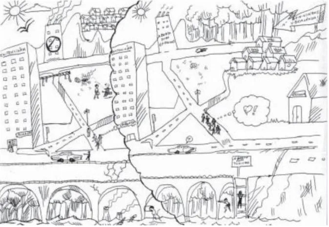 Figura 11: Desenho de Thiago, 15 anos.  Ação nas praças,  Desenhando e  Construindo a Cidade no  Cerrado: “Desenhe a cidade que você vive e a cidade que gostaria de construir”