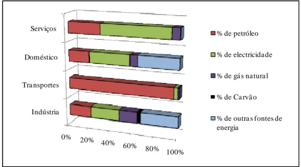 Figura 8 – Consumo das fontes de energia para cada sector de actividade, em 2007. (DGEG) 