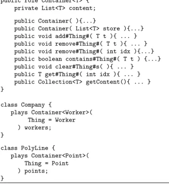 Figure 4 shows excerpts of the Container role that de- de-fines the role of a container and two classes that play that role: Company and PolyLine