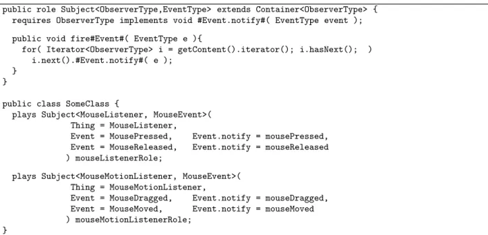 Figure 6: The Observer pattern Subject role and an excerpt of a class playing that role twice.