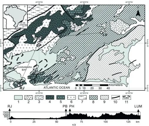 Figure 1 - Map of the Central and North Region of Rio de Janeiro State, showing the geological  and topographical setting of the study area and the sampling sites of epiphytes (circle)