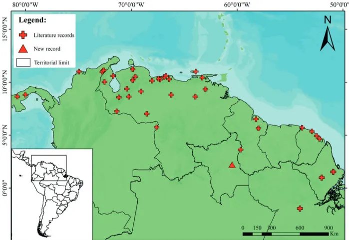 Figure 1 - Distribution of Phimophis guianensis (Triangle: new records; Crosses: literature records)