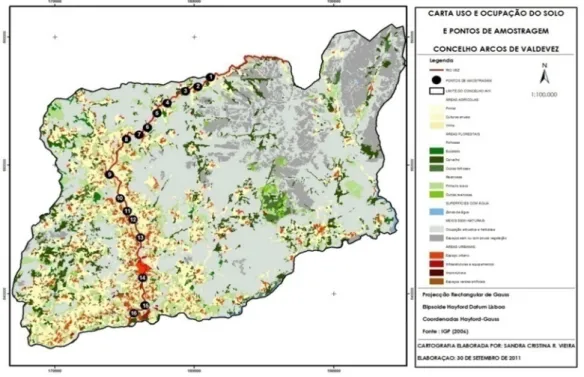 Figura 8- Carta de uso e ocupação do solo vs locais de amostragem 