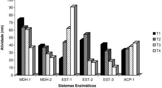 FIGURA 3: Atividade (nm) dos sistemas enzimáticos MDH, α-EST e ACP por densitometria (T1 –  sementes envelhecidas artificialmente; T2, T3 e T4 sementes colhidas em 1985, 1990 e  1995 respectivamente)