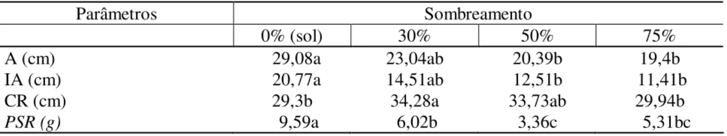 TABELA  1:  Dados  médios  de  mudas  da  espécie  Clitoria  fairchildiana Howard – Sombreiro, aos  150 dias, dos seguintes parâmetros analisados: altura (A), incremento em altura (IA),  comprimento  de  raiz  (CR)  e  peso  de  matéria  seca  da  raiz  (P