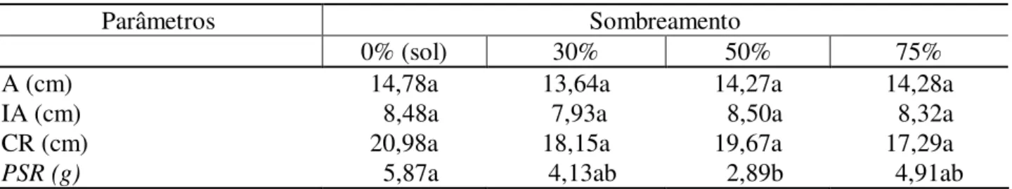 TABELA 2: Dados médios de mudas da espécie Peltophorum dubium (Sprenge) Taub - Canafístula,  com  150  dias,  para  os  seguintes  parâmetros  analisados:  altura  (A),  incremento  em  altura (IA), comprimento de raiz (CR) e peso de matéria seca da raiz (