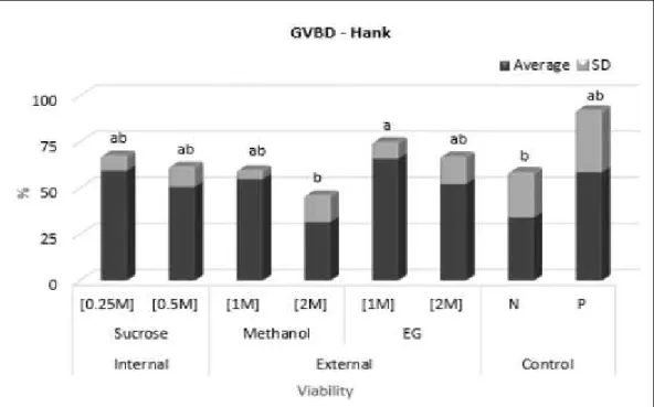 Figure 3 - Viability by in vitro incubation, GVBD (germinal vesicle breakdown) of the Steindachneridion parahybae  immature oocytes submitted to different concentrations of cryoprotectants using Hank’s solution: 0.25M, 0.5M  sucrose; 1M, 2M methanol and; 1