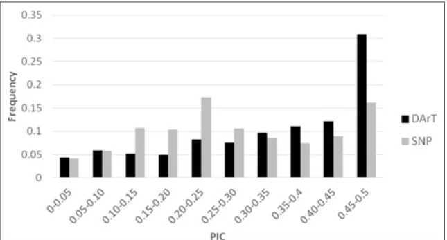 Figure 1 - Distribution of the DArT and SNP markers for different PIC value.