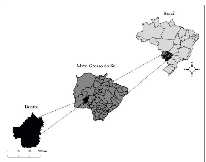Figure 1 - Political map of Brazil  emphasizing Mato Grosso do Sul State and Bonito Municipality.