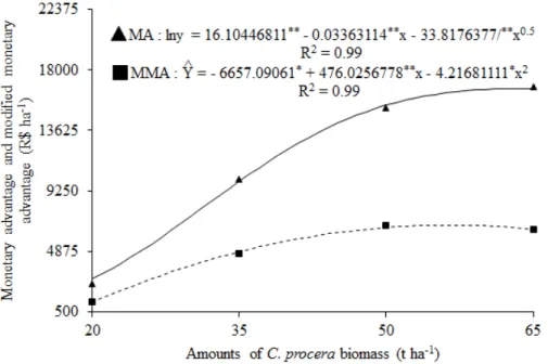 Figure 4: Monetary advantage and modified monetary advantage for each amount of  C. procera incorporated  into the soil.