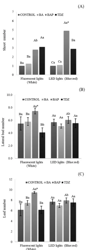 Figure 3: Number of shoots (A), lateral buds (B) and leaves  (C) of C. rufa formed in MS medium with different sources  of cytokinins (BA, BAP and TDZ) fluorescent and LED lights