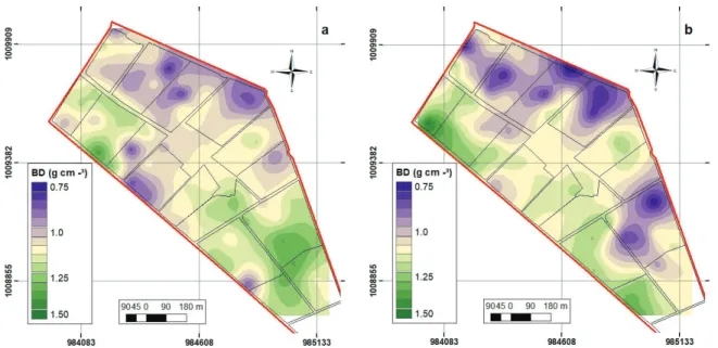 Figure 3: Spatial distribution of B D  in the H1 (a), H2 (b) horizons.
