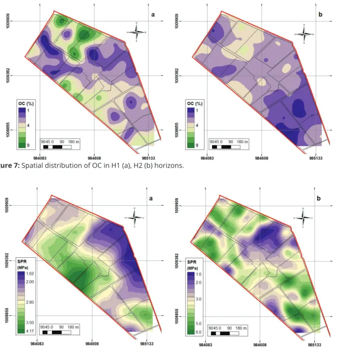 Figure 7: Spatial distribution of OC in H1 (a), H2 (b) horizons.
