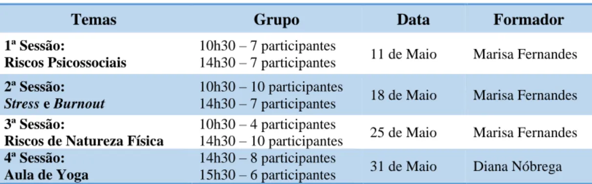Tabela 3 - Cronograma das Sessões 