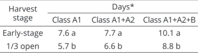 Table  1:  Number  of  days  in  which  calla  lily  flower  stems  remained  in  qualitative  classes  A1, A1+A2, A1+ A2+B, as a function of harvest  stage, at  21 + 2  o C .